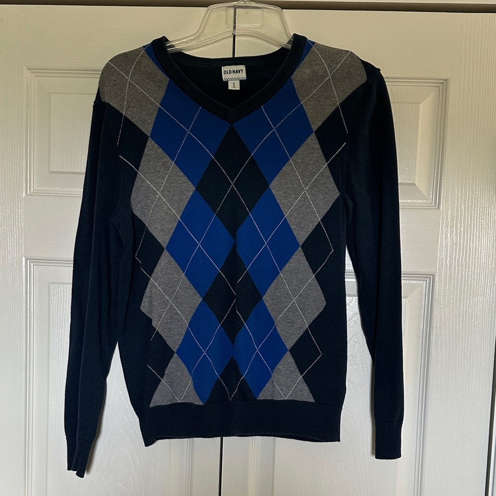 Old Navy Men's Navy, Blue & Gray Argyle V-Neck Sweater